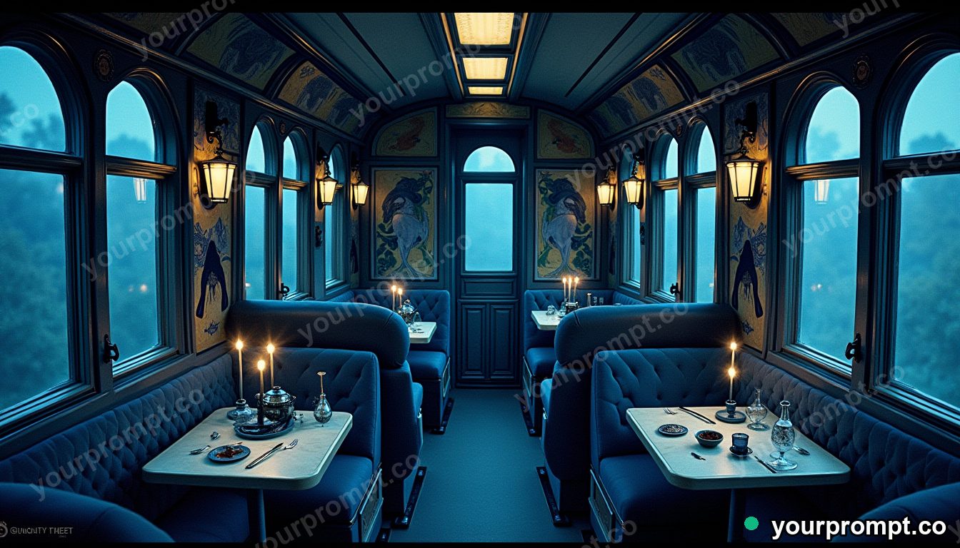 A vintage orient-express carriage interior at night