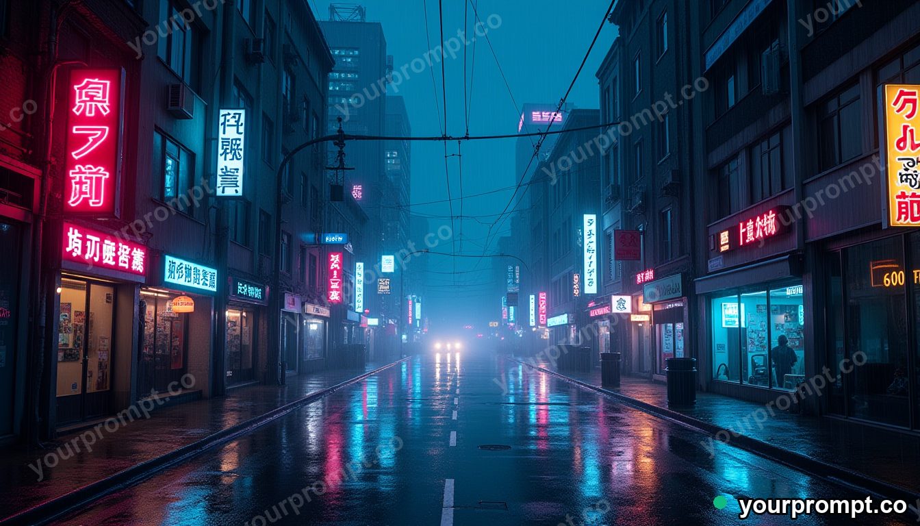 A neon cyberpunk street in the rain at night