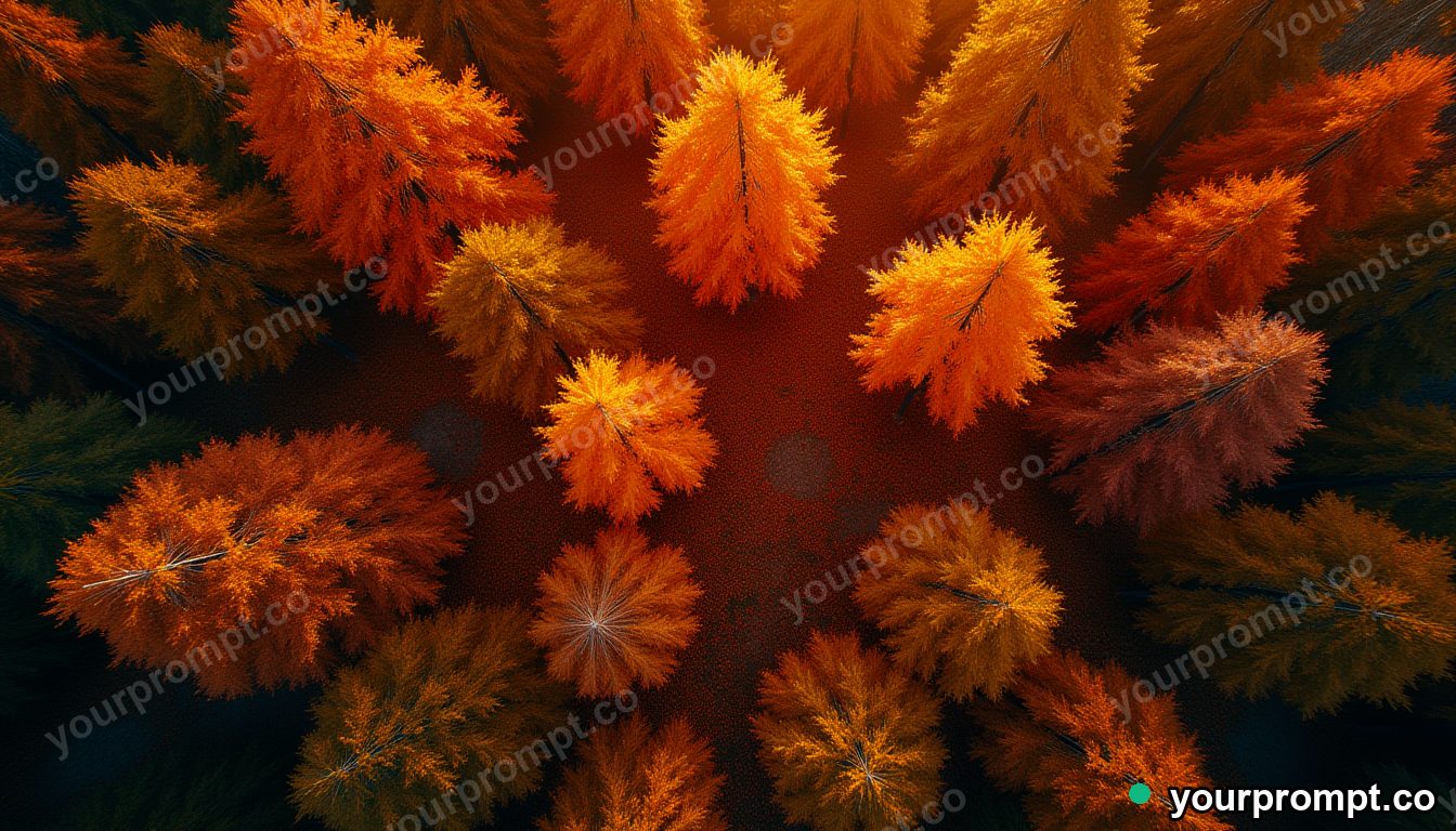 A top-down view of autumn treetops in fiery colors