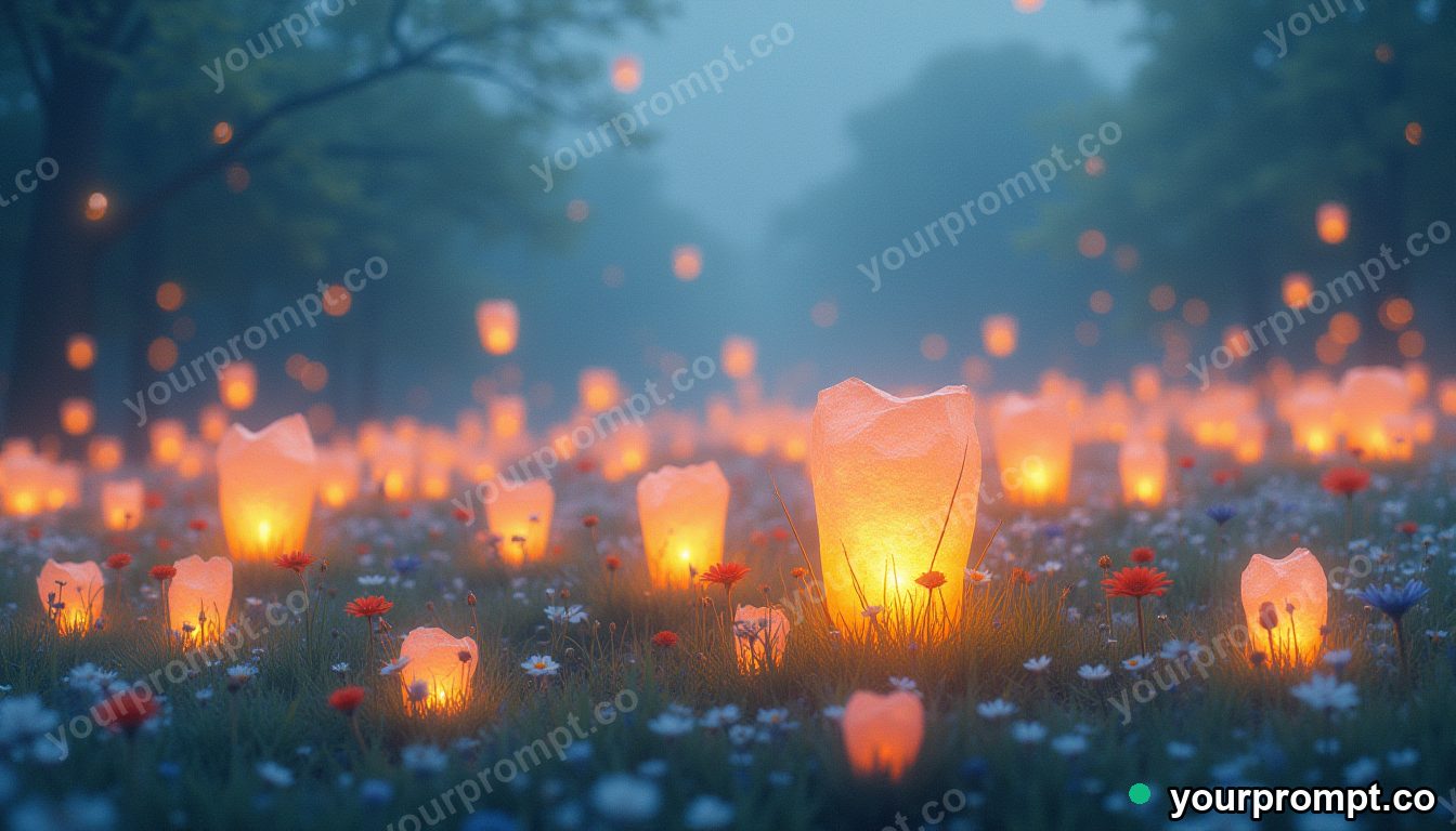 A meadow where the flowers are tiny floating lanterns