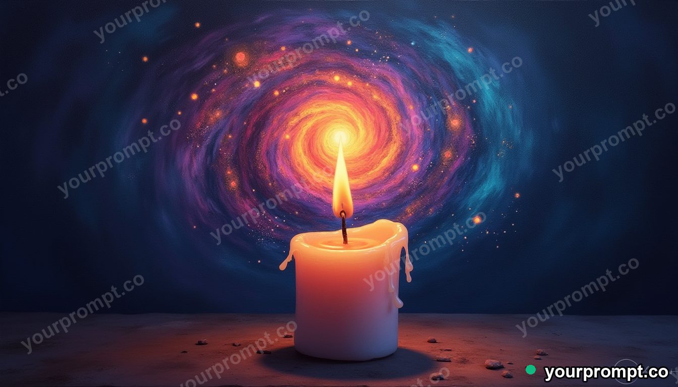 A candle whose flame is a tiny swirling galaxy