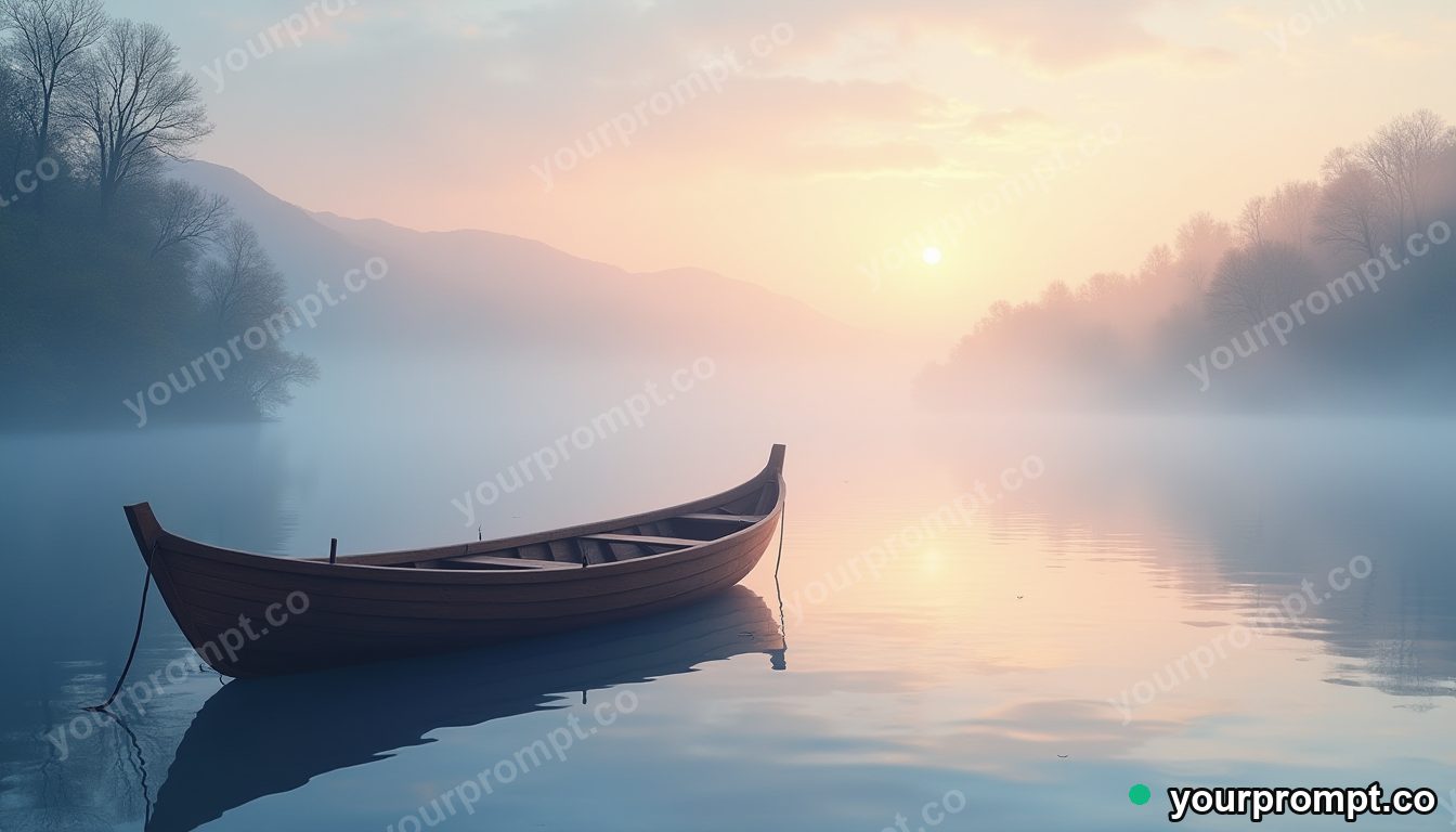 A wooden fishing boat on a misty calm lake at dawn