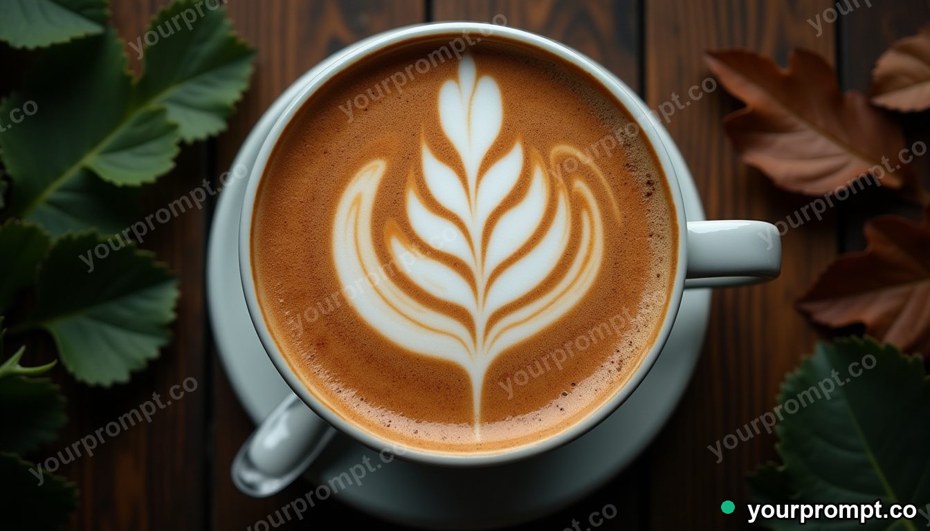 A frothy latte with delicate leaf art, top-down