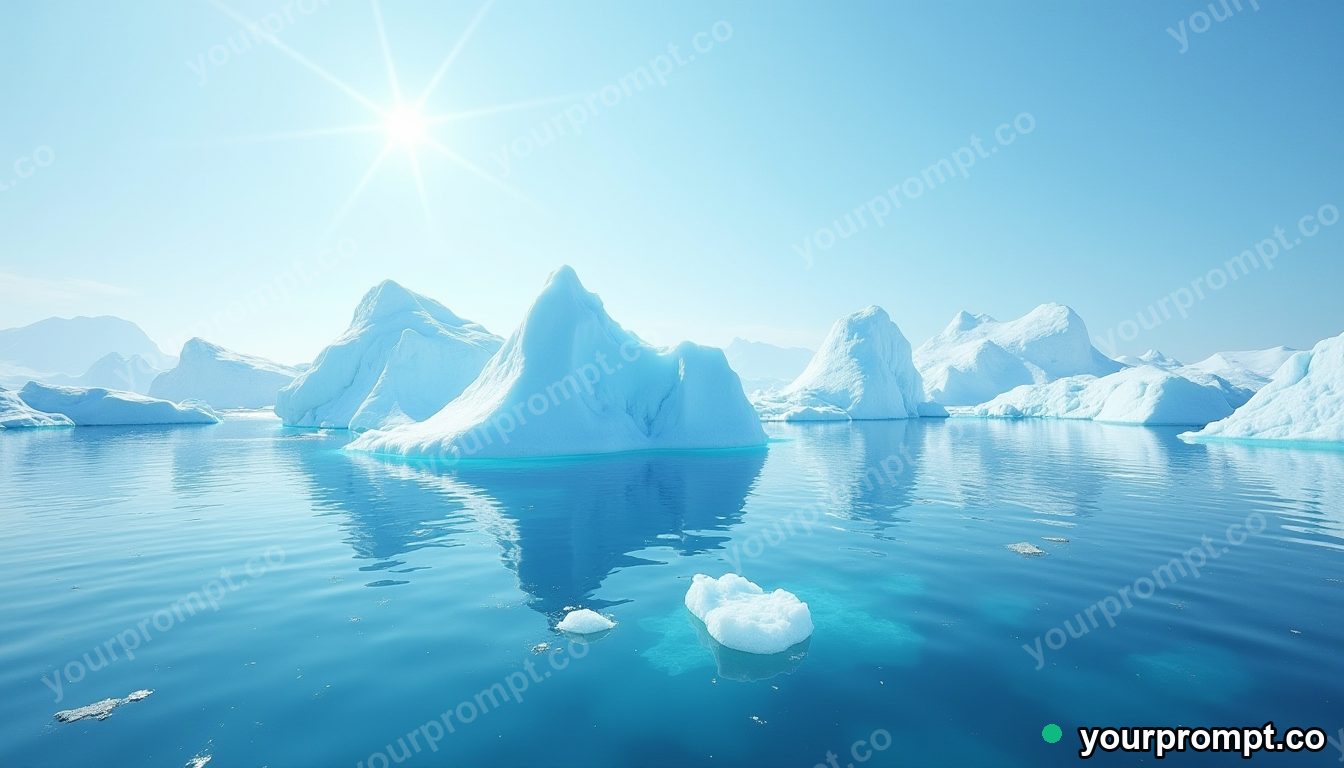 A field of icebergs in a calm arctic sea