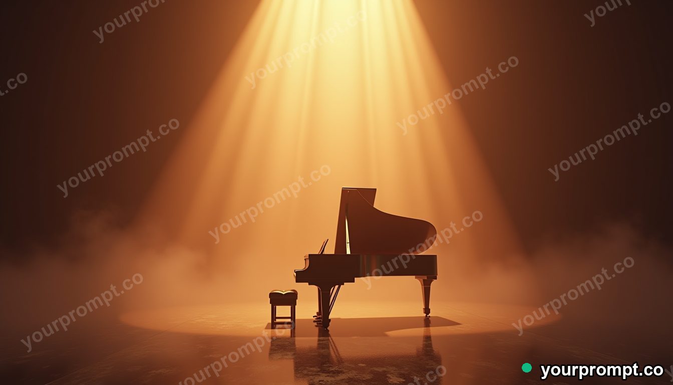 A grand piano on a foggy stage under a single spotlight