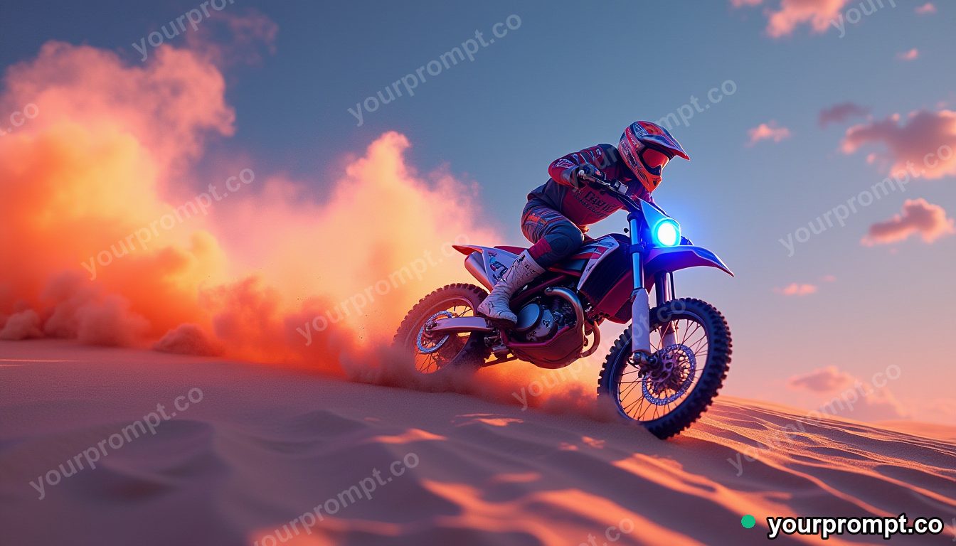 A dirt bike soaring over a dune, sand spraying