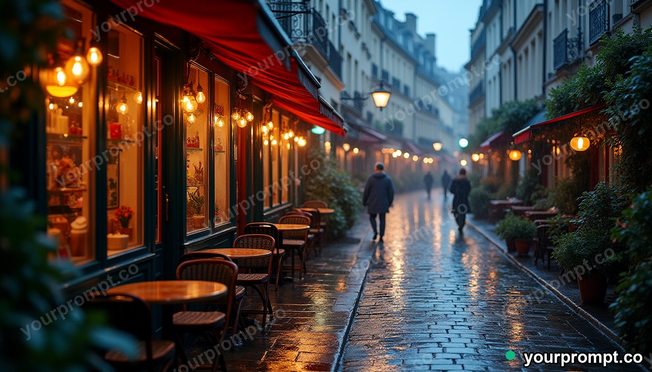 A cobbled Parisian cafe street in soft rain