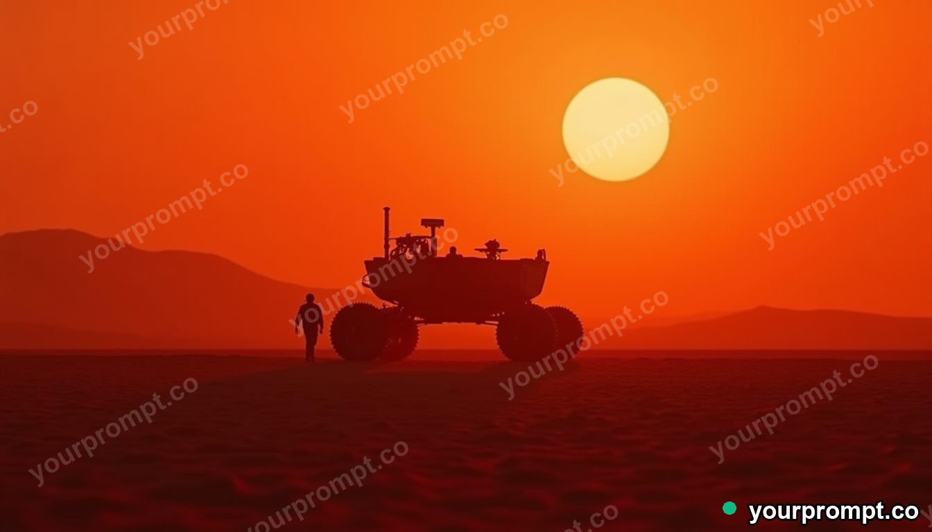 A rover crossing a red martian desert at dusk