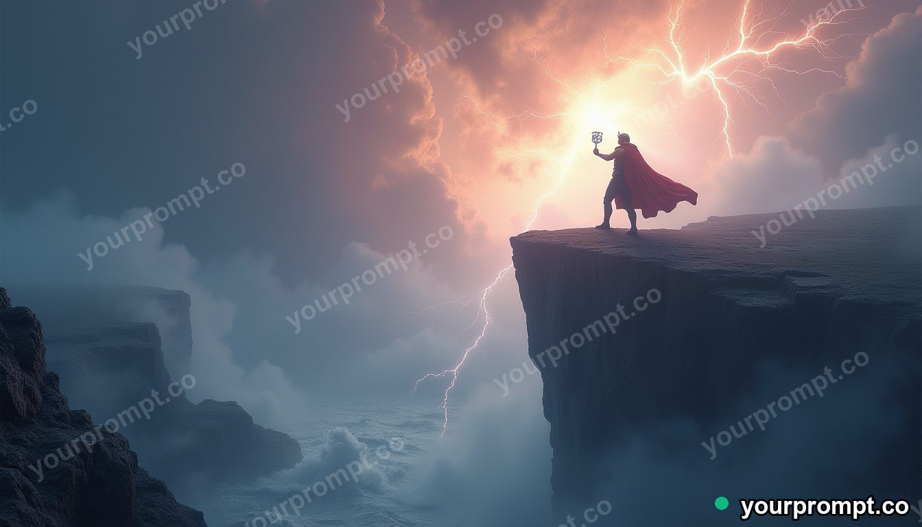 Thor summoning lightning on a stormy cliff