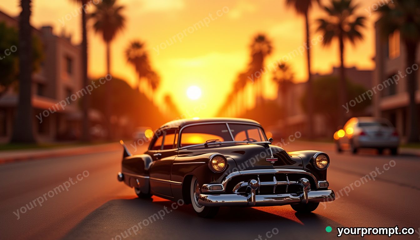 A chrome lowrider cruising a palm-lined boulevard