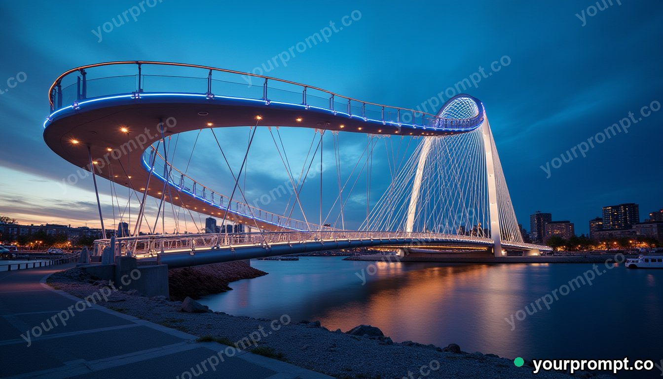 A spiraling modern pedestrian bridge at dusk