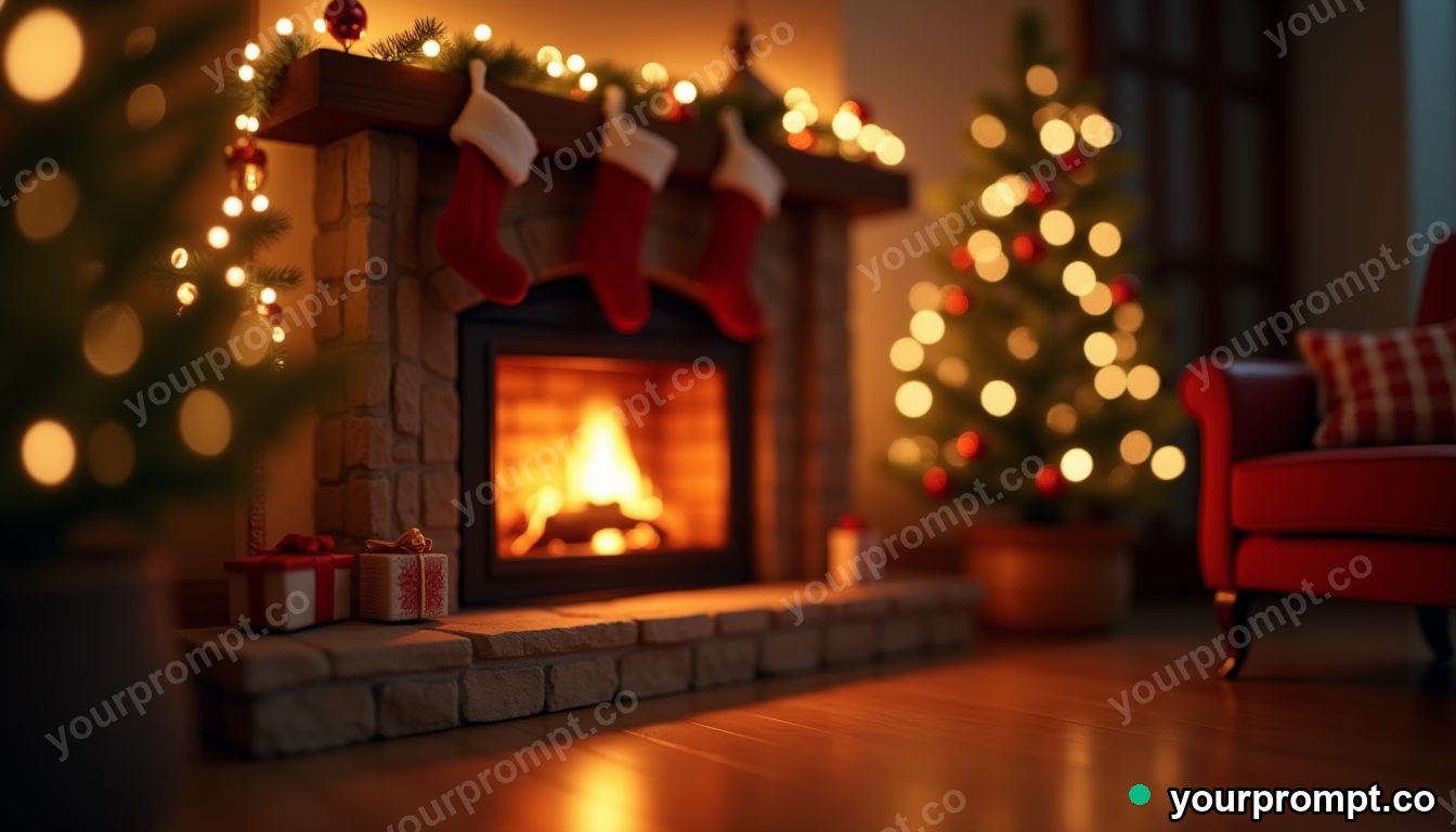 A cozy fireplace with stockings and warm light