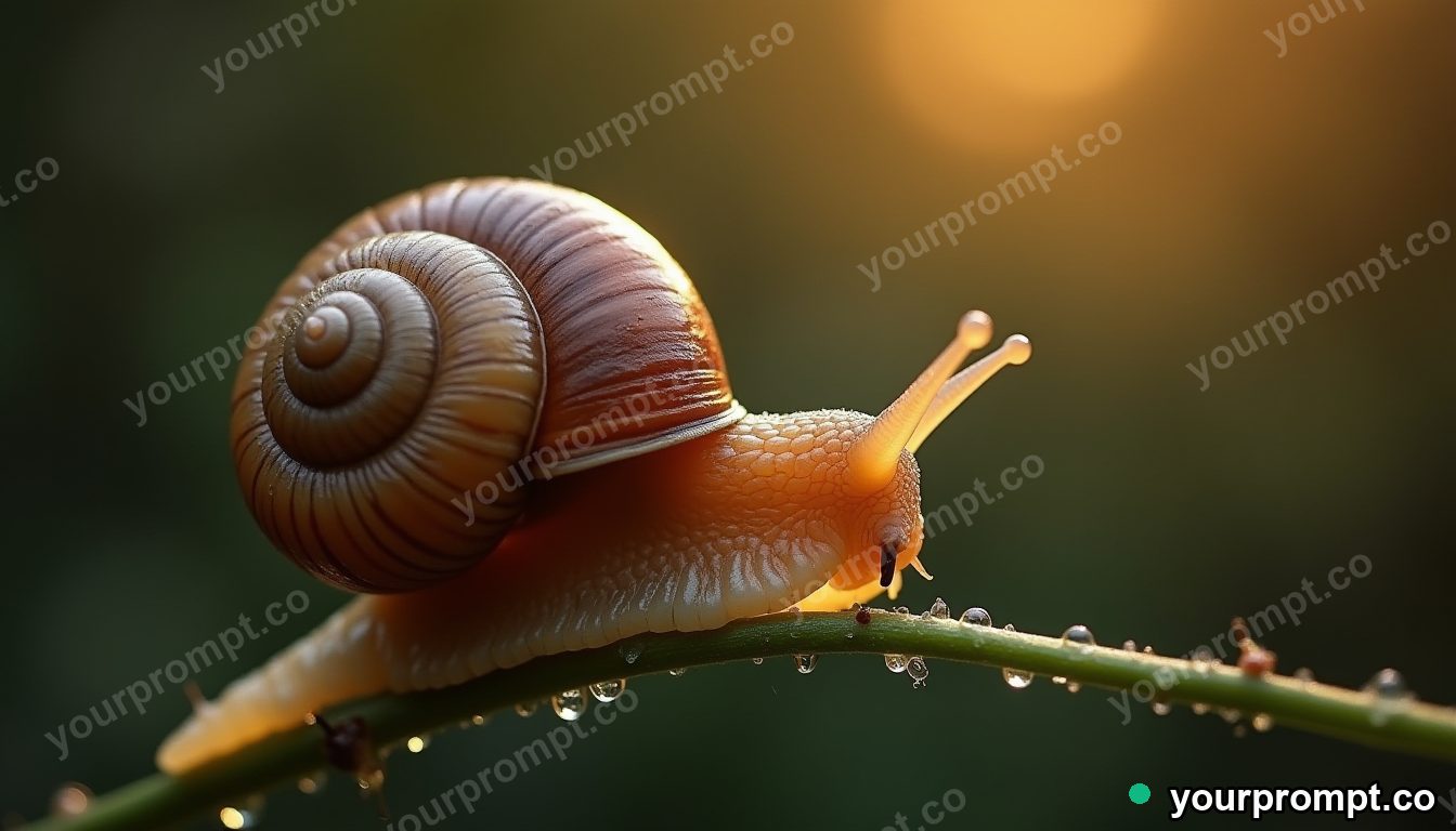 A snail with a glistening shell on a dewy stem
