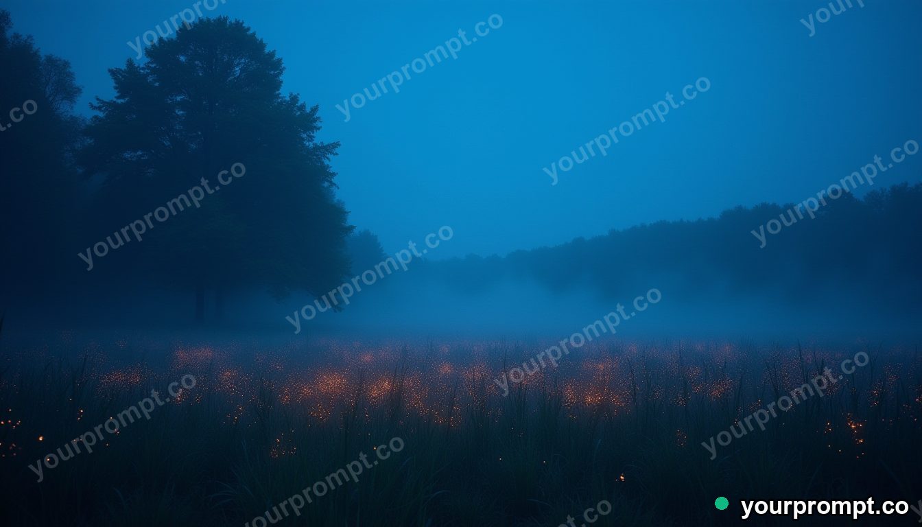 A firefly-lit meadow under a deep blue dusk