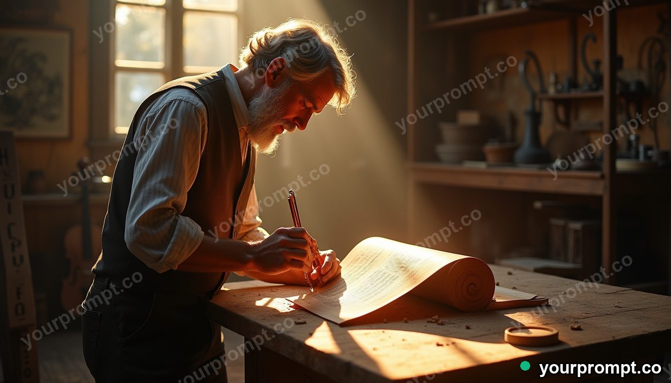 A violin maker carving a scroll in a sunlit workshop