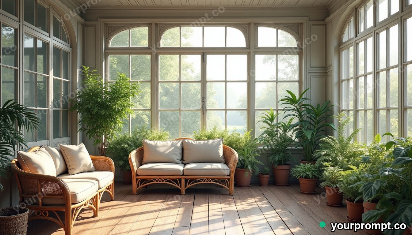 A plant-filled sunroom with rattan furniture