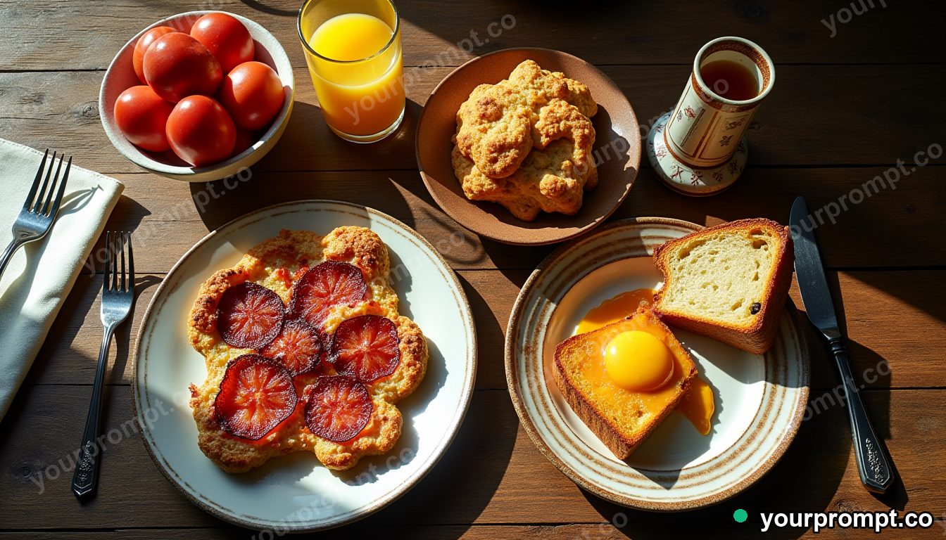 A rustic breakfast spread on a wooden table, top-down