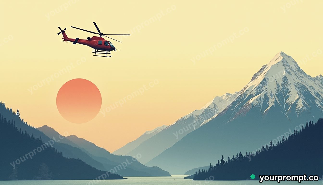 A rescue helicopter hovering above a mountain ridge