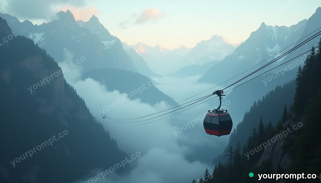 A cable car climbing into misty mountains
