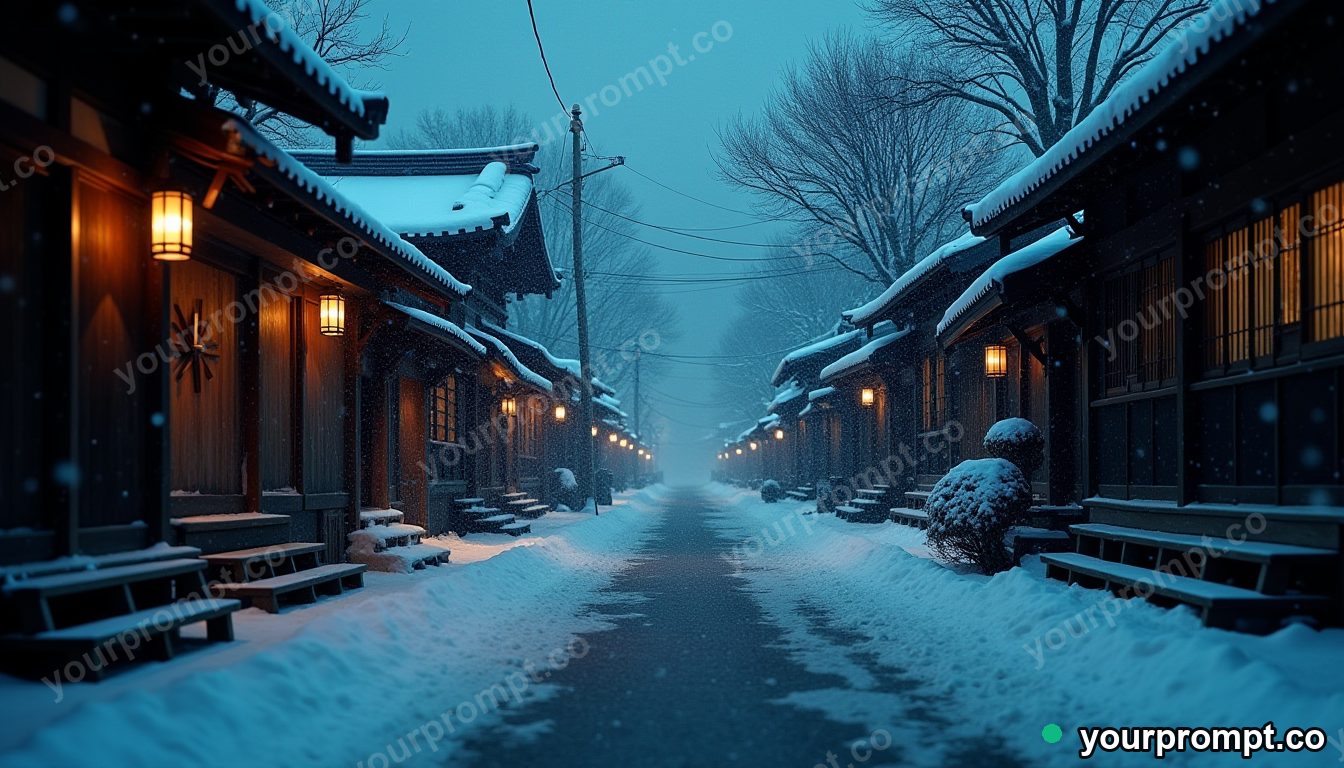 A samurai village street under falling snow in cinematic film still style — AI-generated image from a text prompt