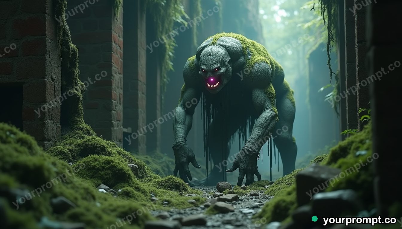 A stone golem awakening in a mossy ruin