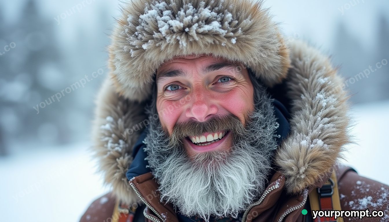 A rugged explorer in snow gear with frost on his beard, fictional