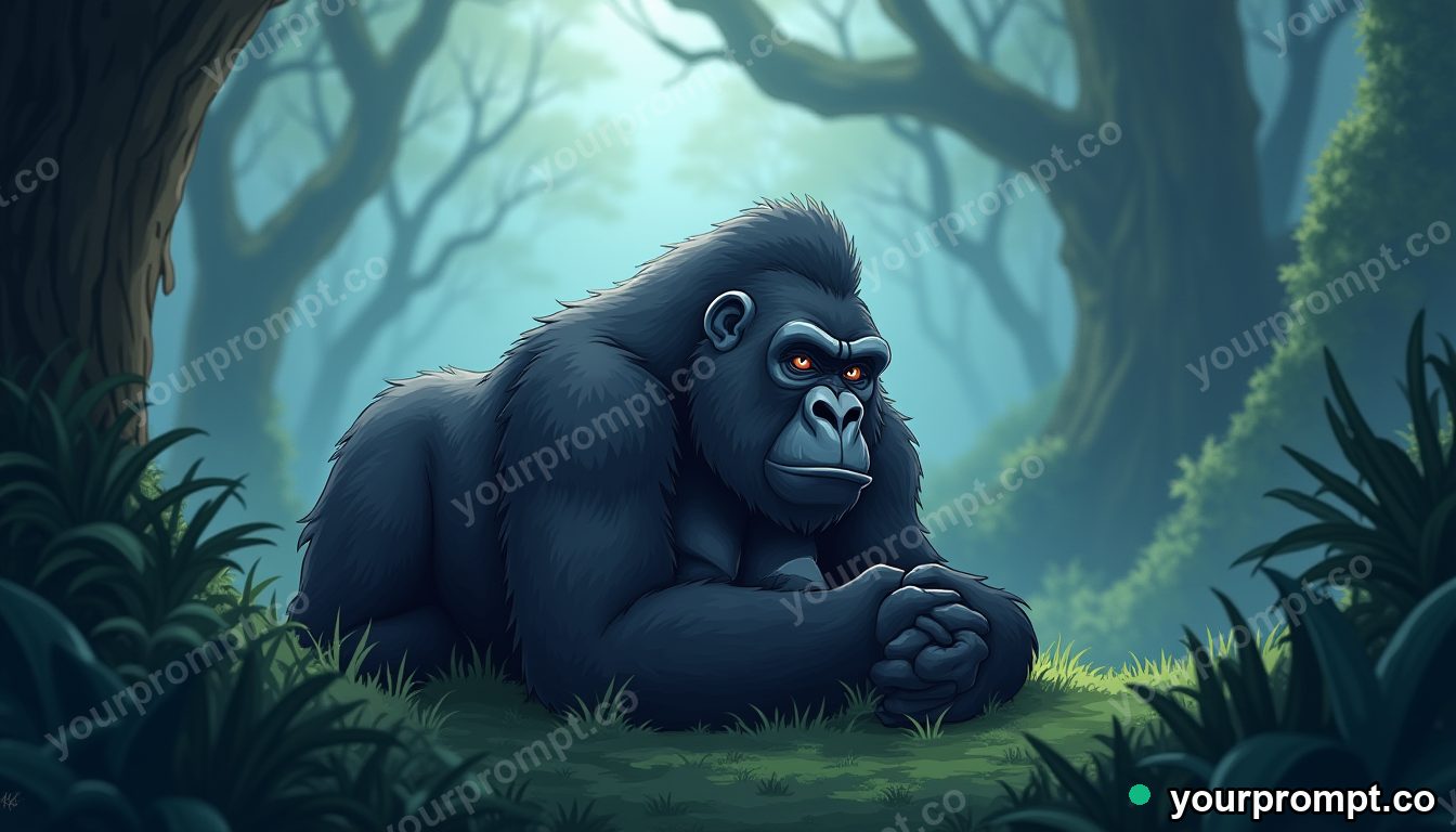 A mountain gorilla resting in misty jungle