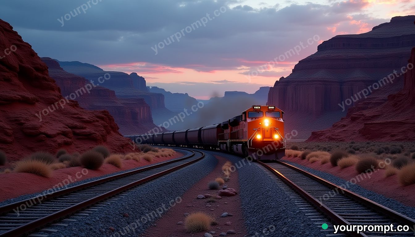 A freight train winding through a red desert canyon