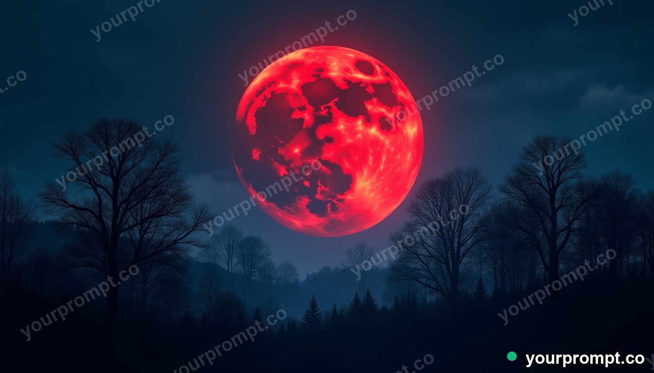 An eerie red blood-moon eclipse over silhouetted trees