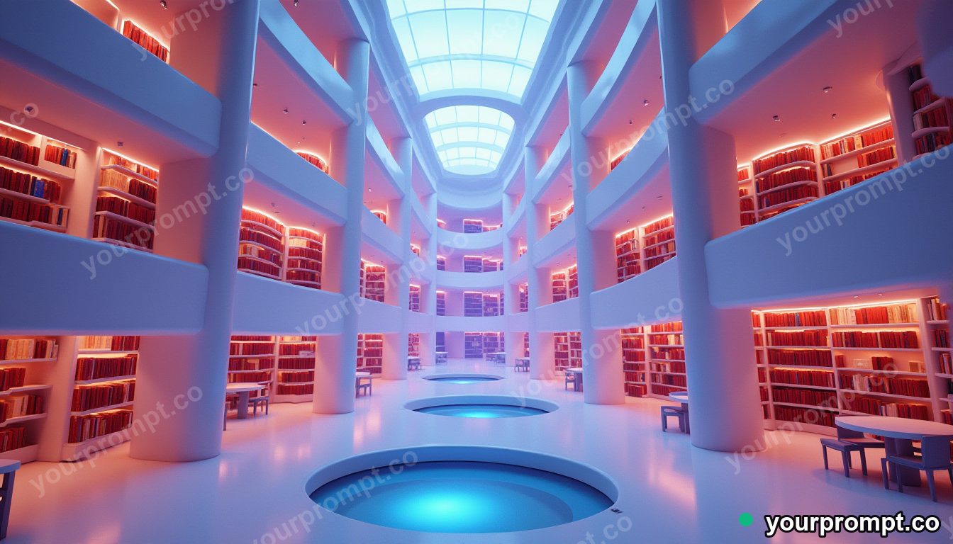 A futuristic library atrium with curving balconies