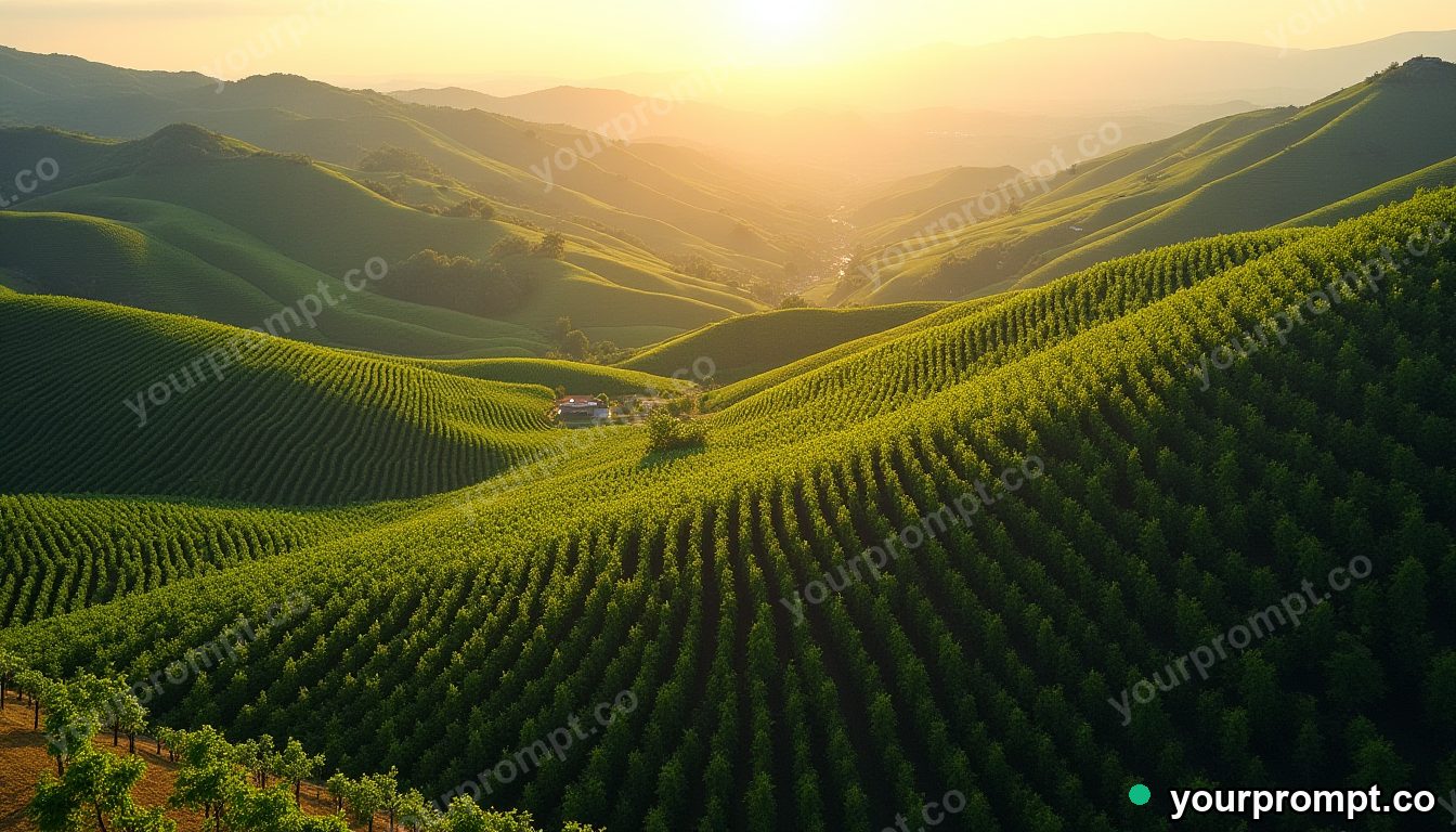 A bird's-eye view of a terraced vineyard on rolling hills