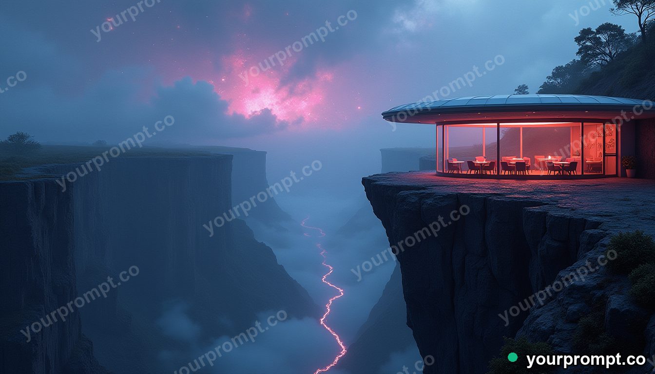 A cliff edge cafe overlooking a galaxy-filled canyon