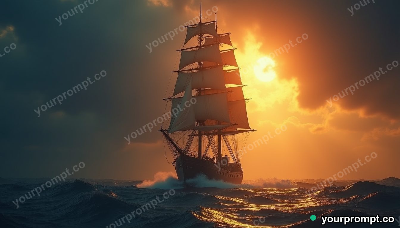 A tall sailing ship in a stormy sea at dusk