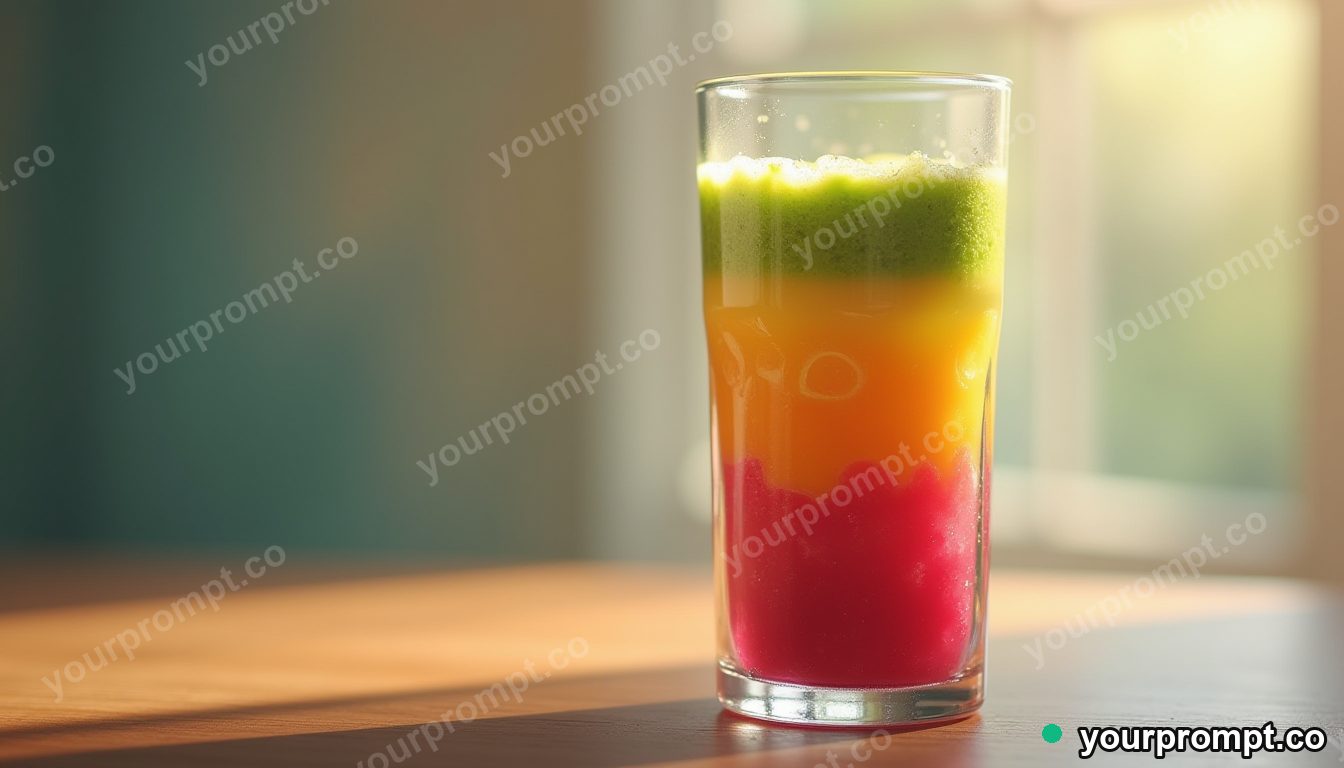A colorful layered smoothie in a tall glass