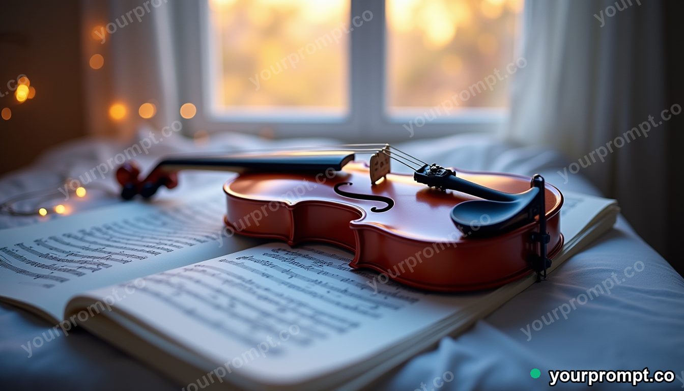 A violin resting on sheet music in soft window light