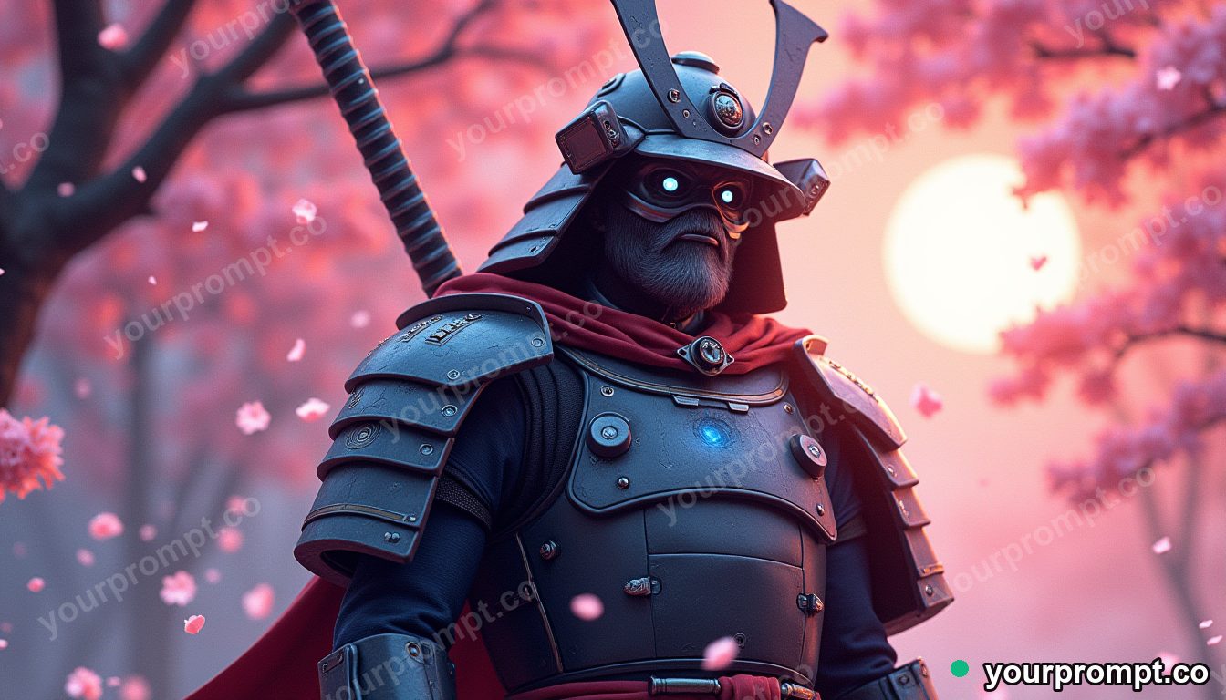 A cyborg samurai under falling cherry blossoms
