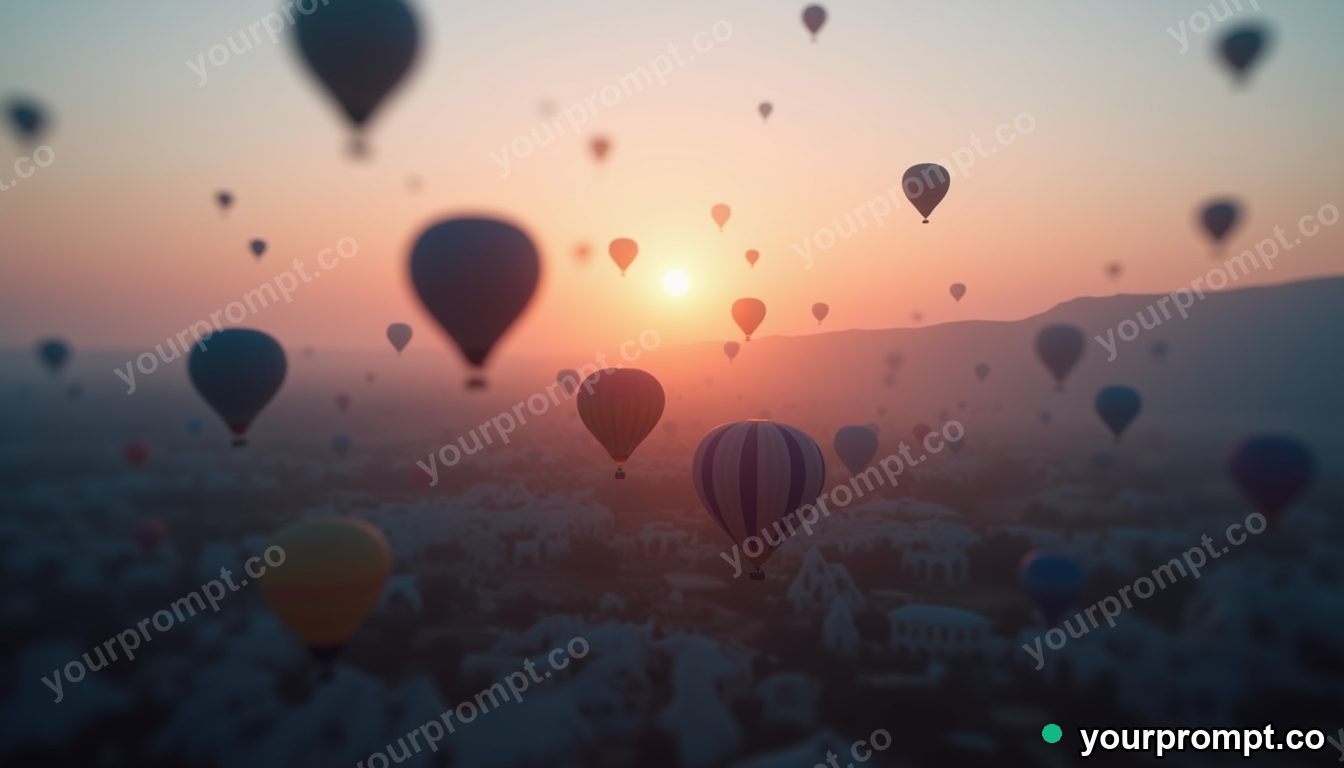 A hot-air-balloon-filled sky over Cappadocia at dawn