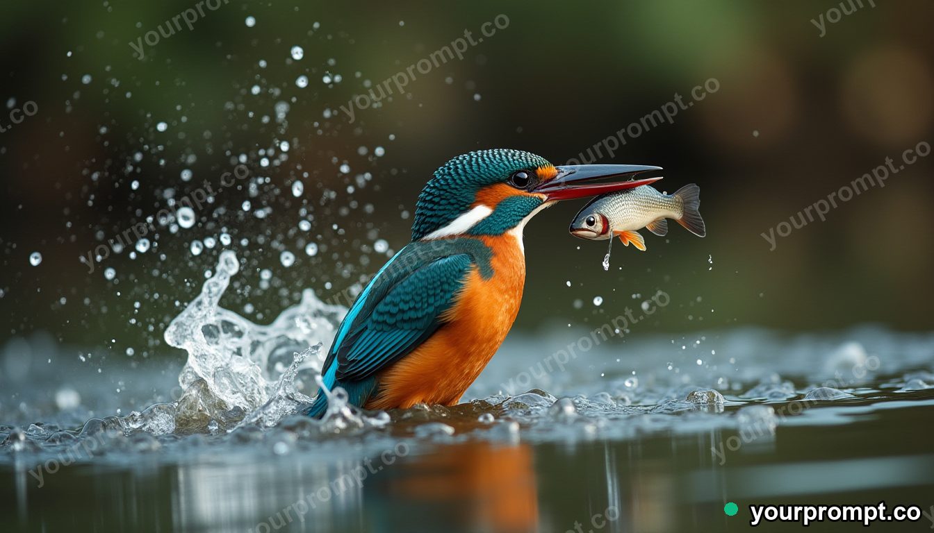 A kingfisher splashing out of water with a fish