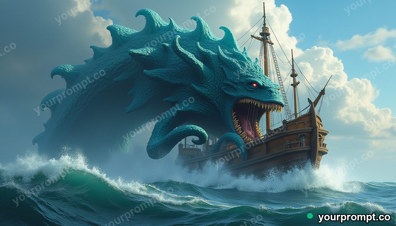 The Kraken rising to crush a wooden ship