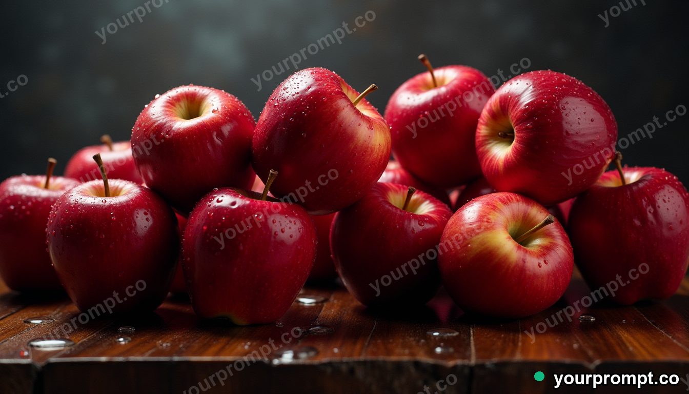 A stack of crisp red apples with water drops