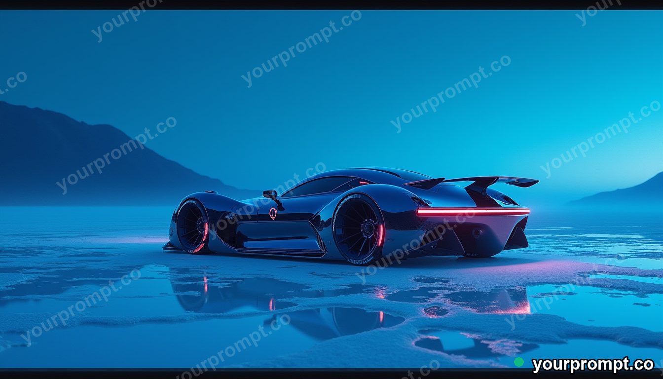 A futuristic concept car with glowing accents on a salt flat