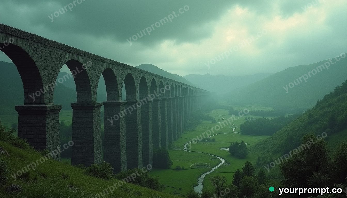 A Roman stone aqueduct over a green valley