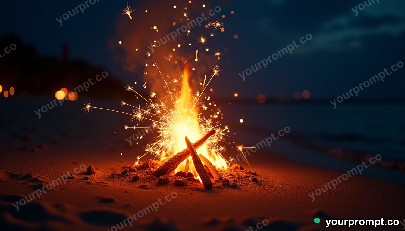 A beach bonfire with sparklers on a summer night