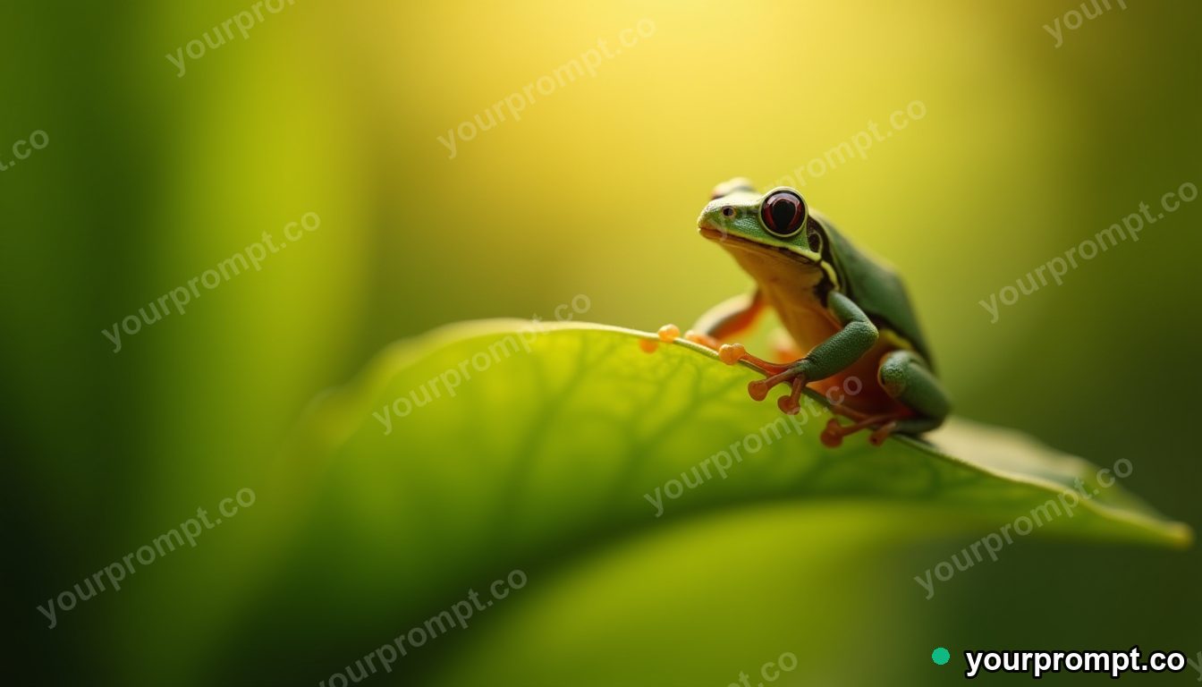 A tiny tree frog perched on a bright leaf, macro