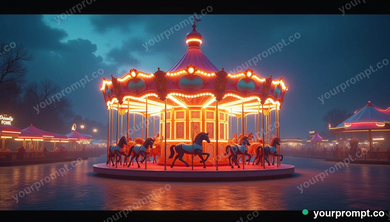 A glowing carousel turning in an empty night fair