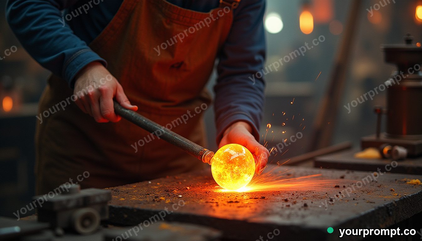 A glassblower shaping molten glass with a glowing rod