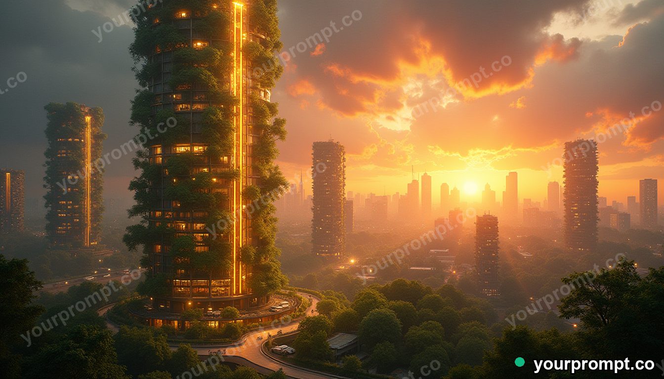 A vertical farm tower glowing inside a future city