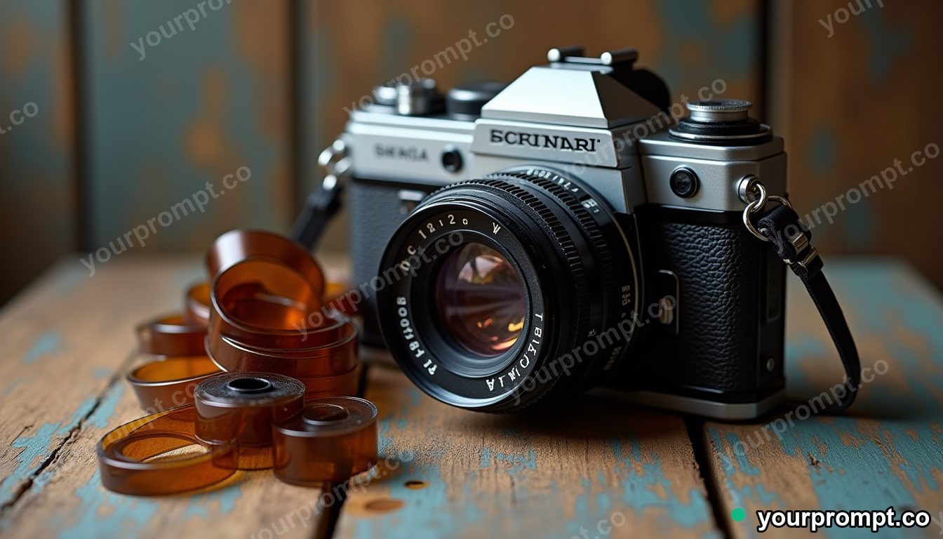 A vintage camera and film rolls on weathered wood