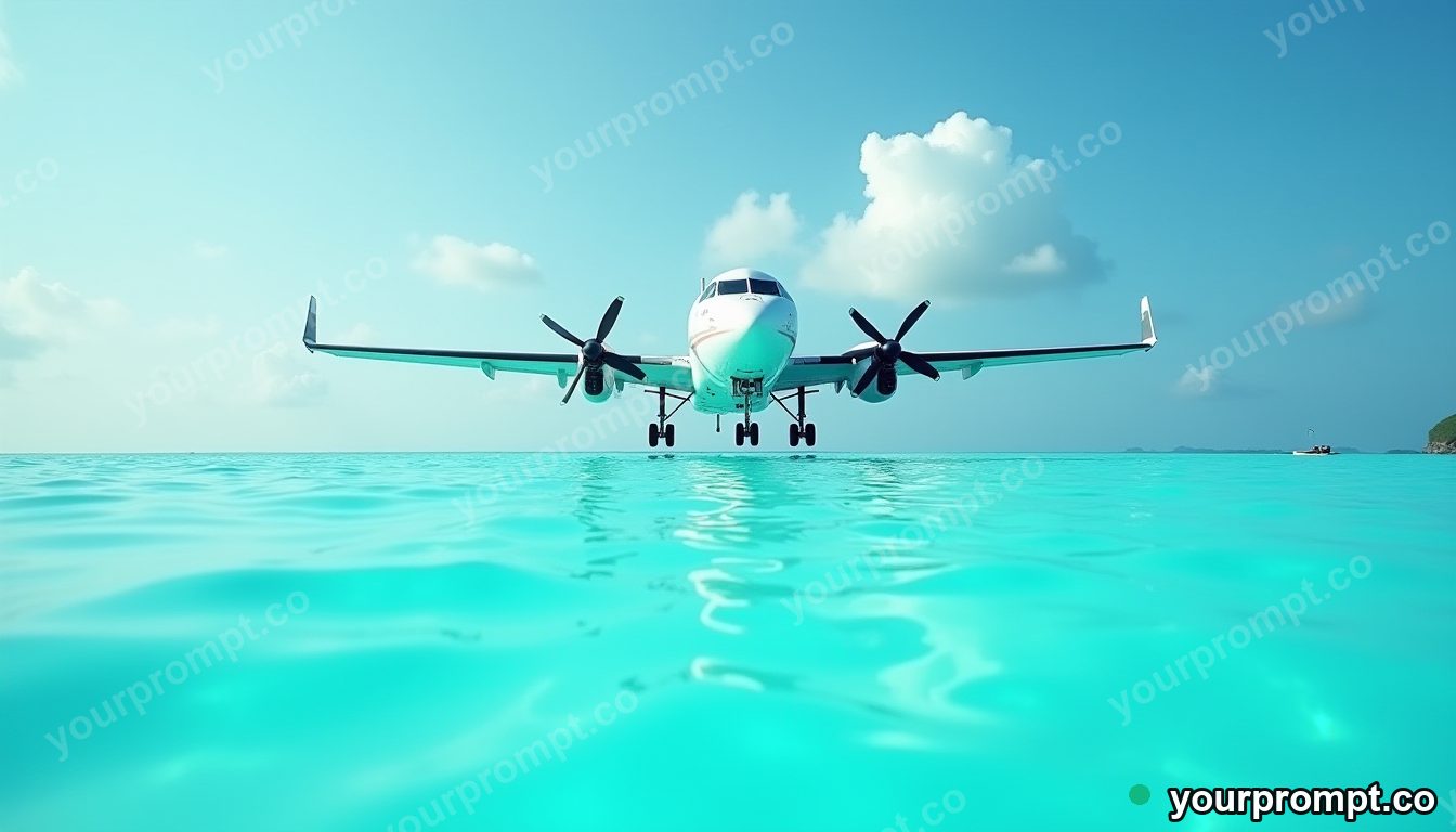 A seaplane landing on a turquoise lagoon