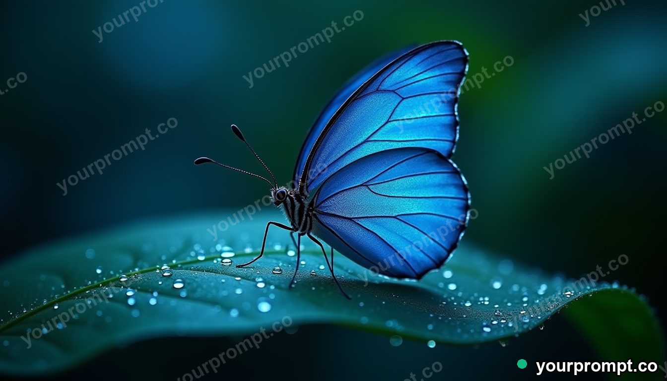 A blue morpho butterfly on a dewy leaf, macro